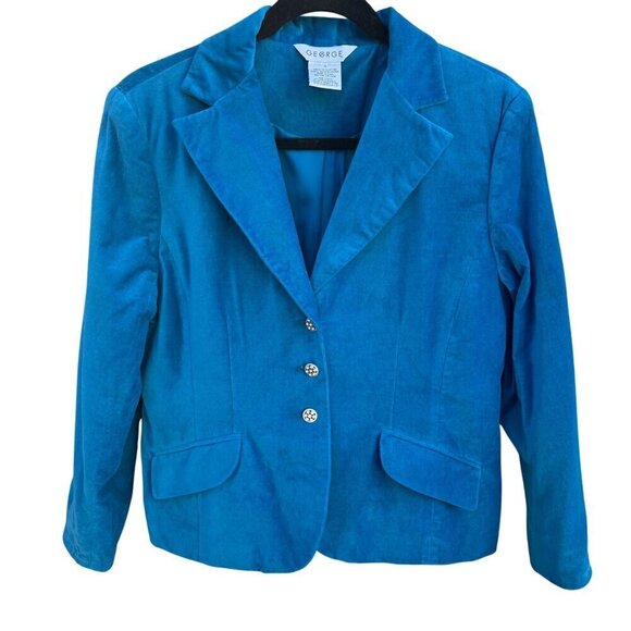 George Womens Teal Velvet Rhinestone Button Single Breasted Glam Blazer Jacket 1 - Picture 1 of 10